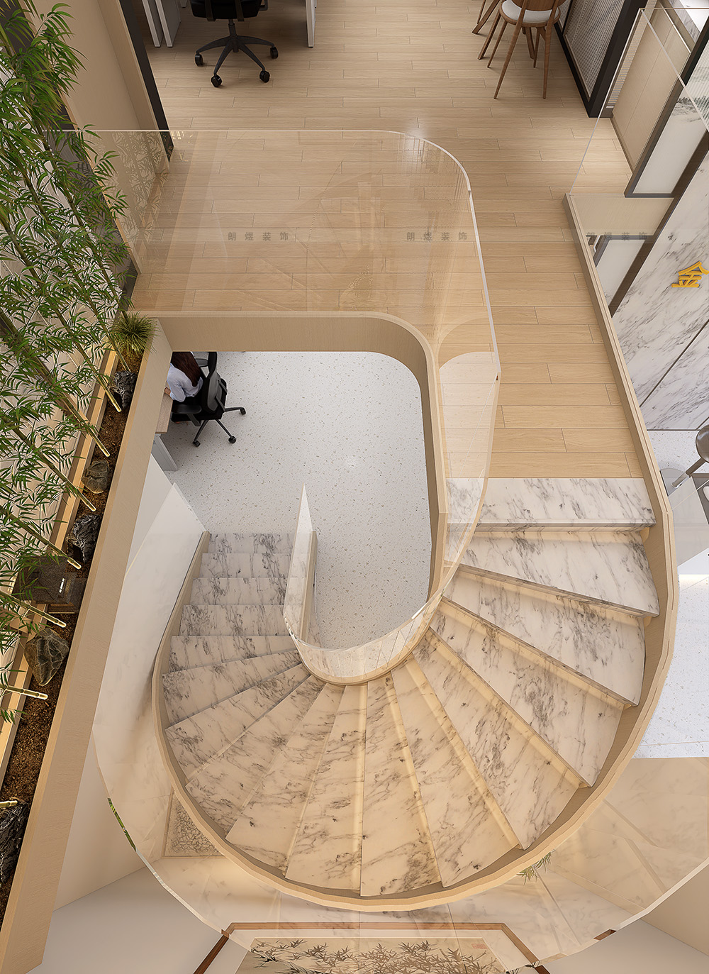 辦公室二層與一層的夾層旋轉樓梯俯視圖